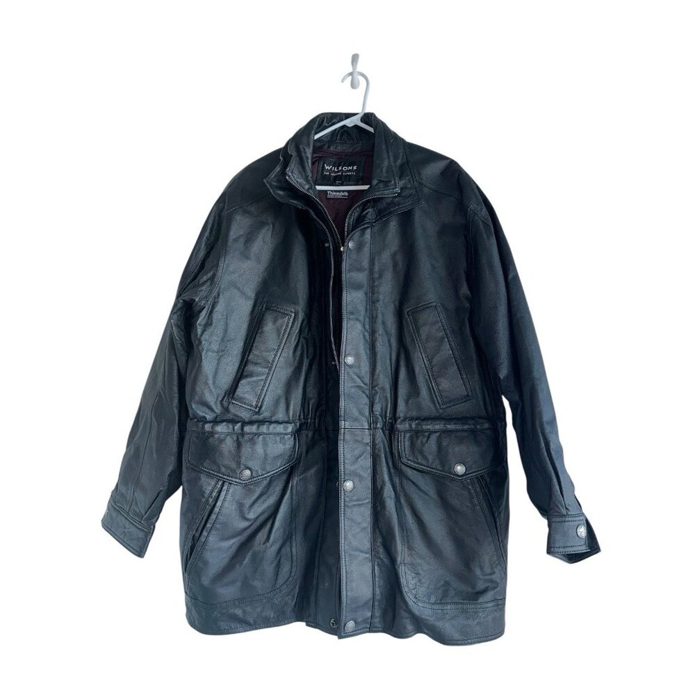 Vtg Wilsons Mid Length Black Leather Car Coat Removal 3M Thinsulate Liner Size L